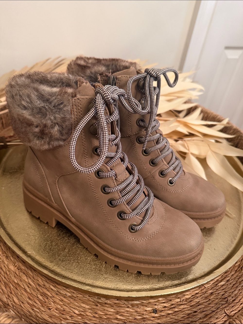Universal Thread Taupe Lace-Up Faux-Fur Ankle Boots